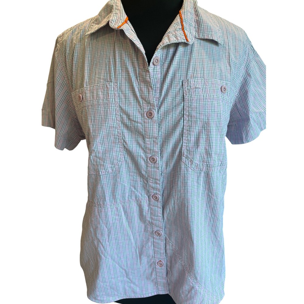 Orvis Womens Large Short Sleeve Plaid Button Down Hiking Shirt Purple Green L